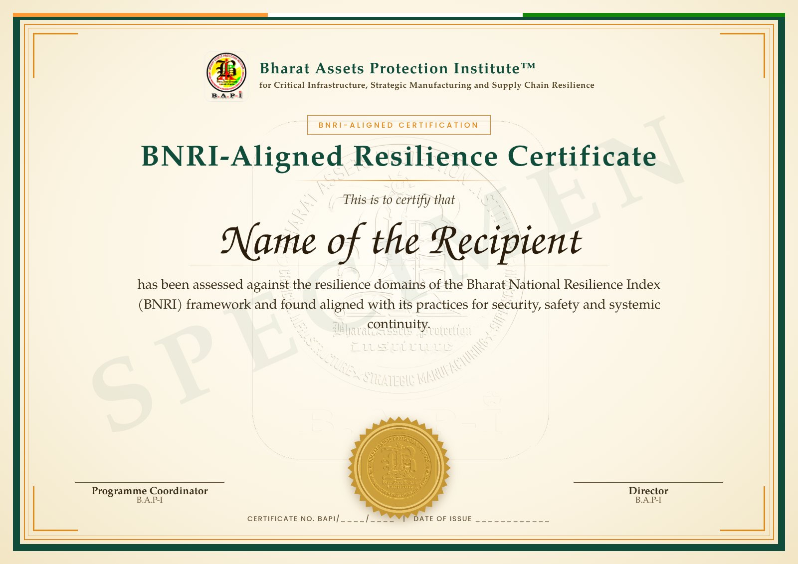 BNRI-Aligned Resilience Certificate (specimen)